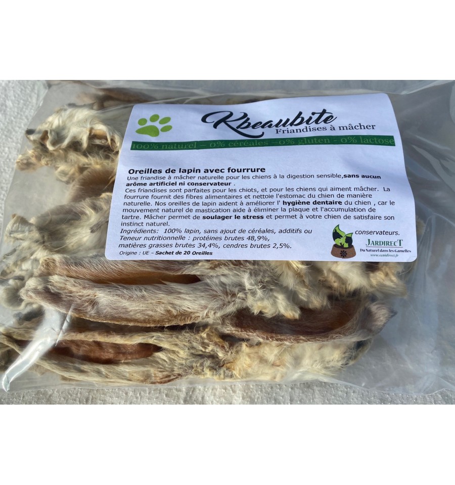 Friandise naturelle pour chien - Oreille de lapin avec fourrure Taille  produits 150g